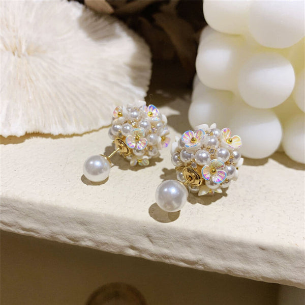 Pearl Flowers Ball Stud Earrings, Pearl Earrings for Women - LUXYIN