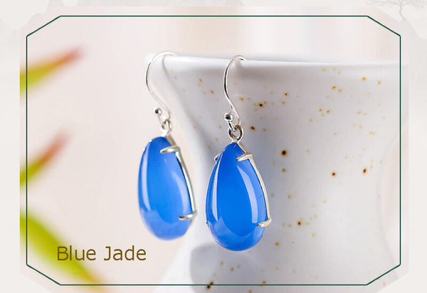 Blue Chalcedony Drop Earrings, Natural Jade Silver Earrings - LUXYIN