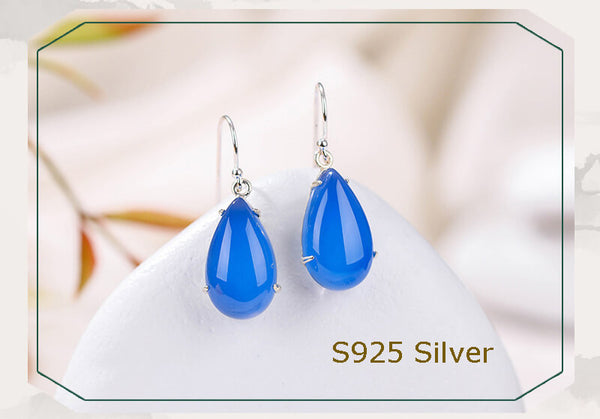 Blue Chalcedony Drop Earrings, Natural Jade Silver Earrings - LUXYIN