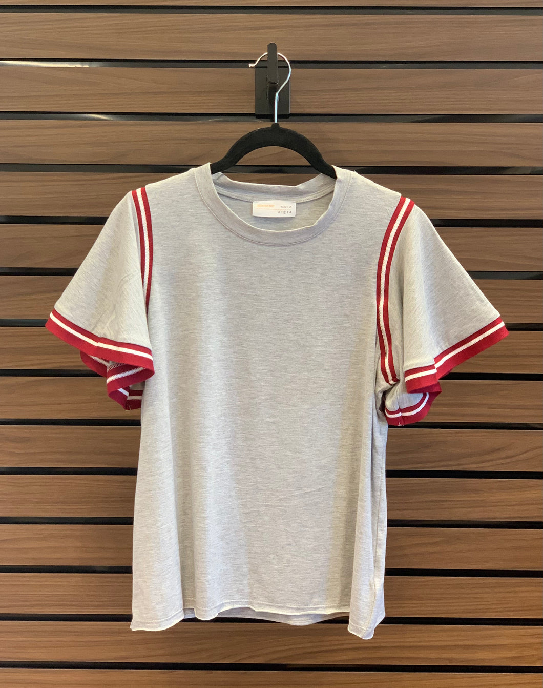 Women's Grey Tshirt w/ Flutter Sleeves Trimmed in Cardinal and White