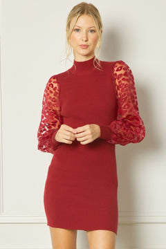 Wine Entro Knit Dress with Sheer Sleeve