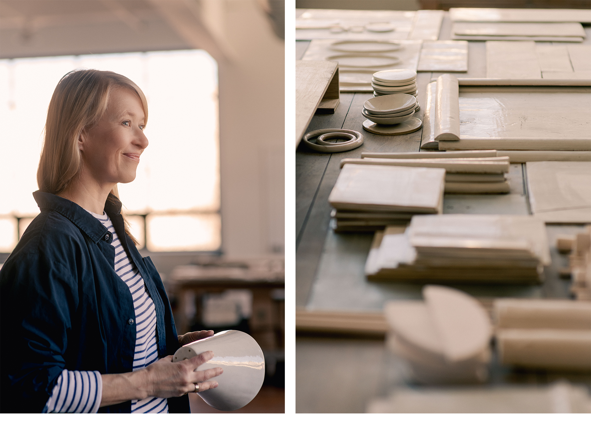 Natalie Page with her newest work on ceramic tiles