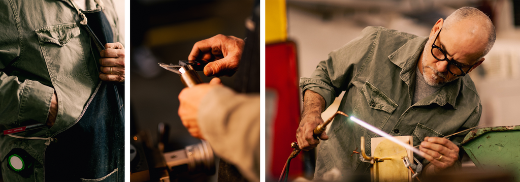 Robert Ogden wearing SKU Vintage Twill Jacket working on welding.