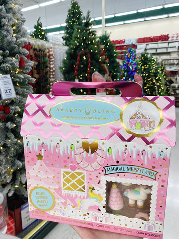 Pink gingerbread house decorating kit sold at Hobby Lobby: Magical Merryland Designer Gingerbread House by Bakery Bling
