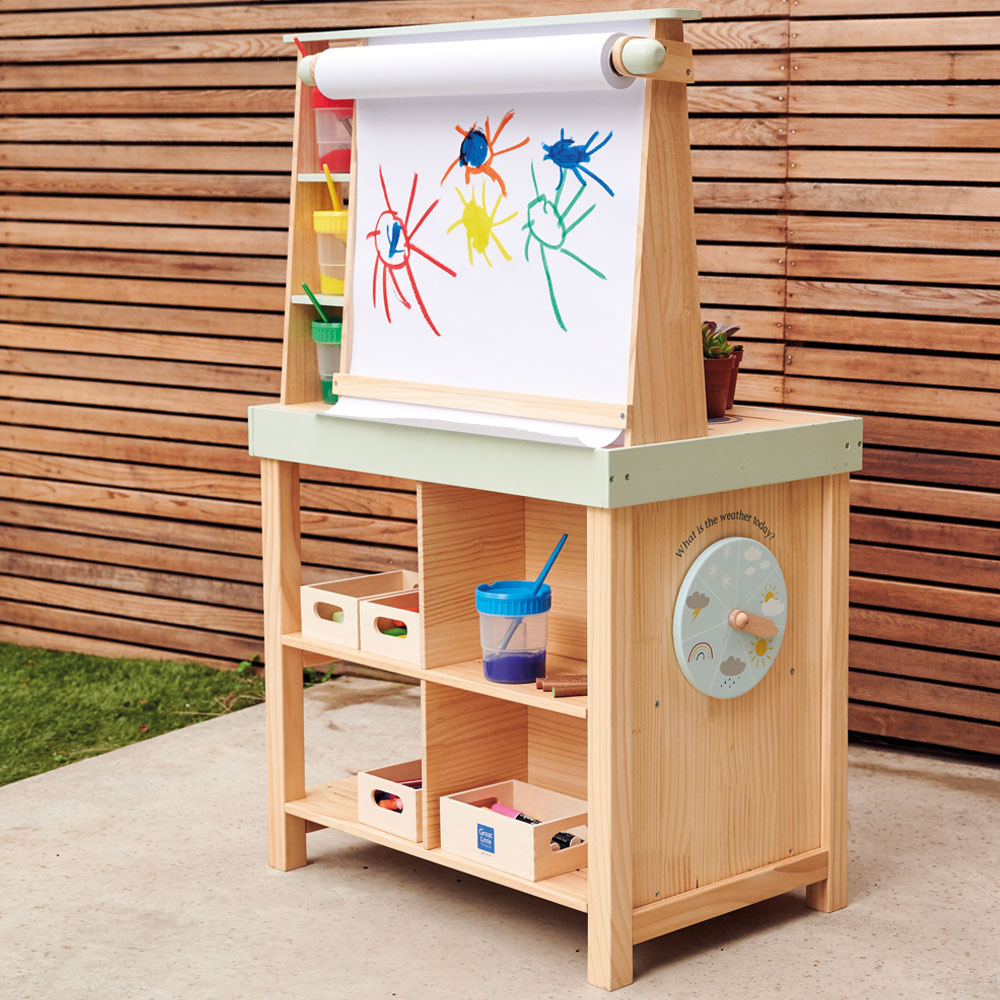 Kids' wooden mud kitchen and art easel