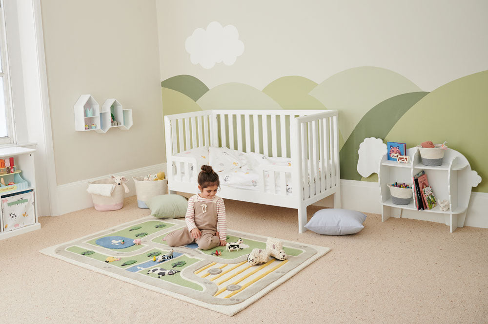 Neutral farmyard theme nursery and toddler room