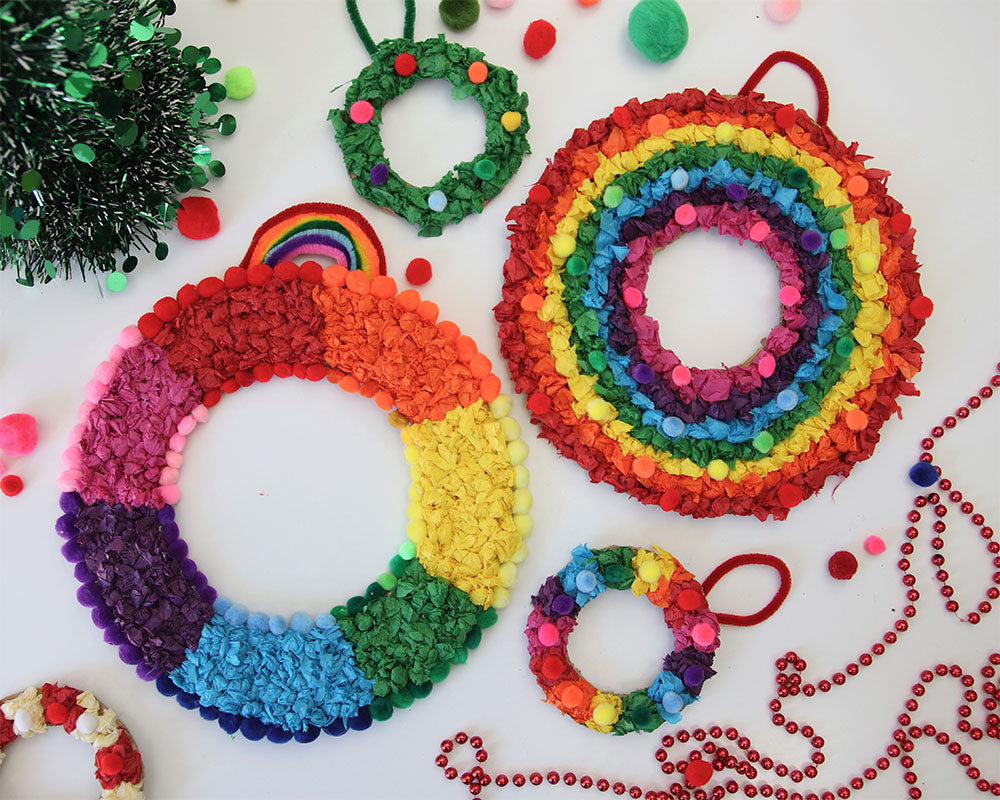 Rainbow tissue paper wreaths