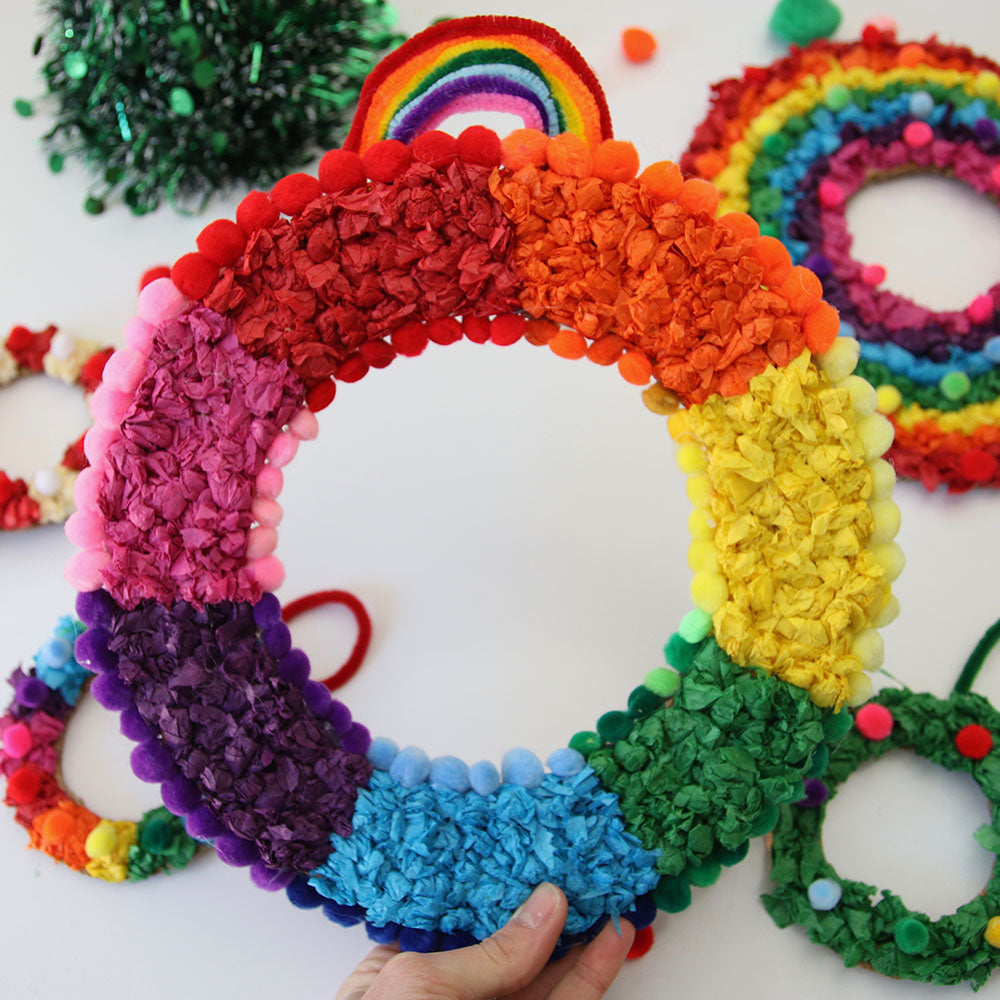 Crafts for kids, rainbow tissue paper wreath