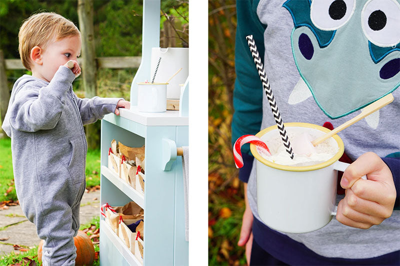 Set up a children's outdoor hot chocolate bar for hand warming role play fun