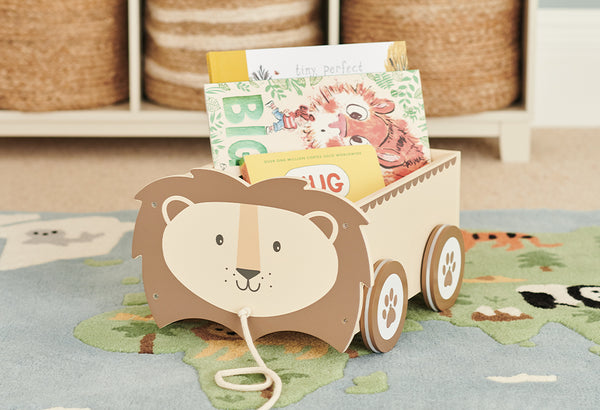 Wooden Lion Book Cart for Kids