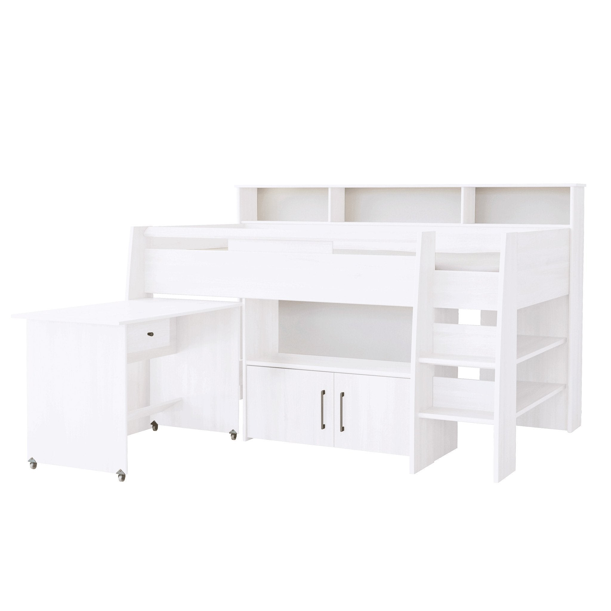 white cabin bed with desk
