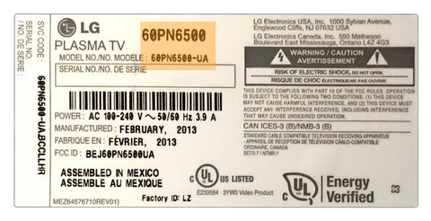 TV model number sticker found on the back of a plasma TV