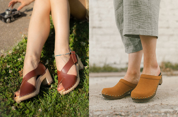 To the left: wooden clog sandals with criss cross pattern in cognac colored leather. To the right: wooden clog mules in light brown leather