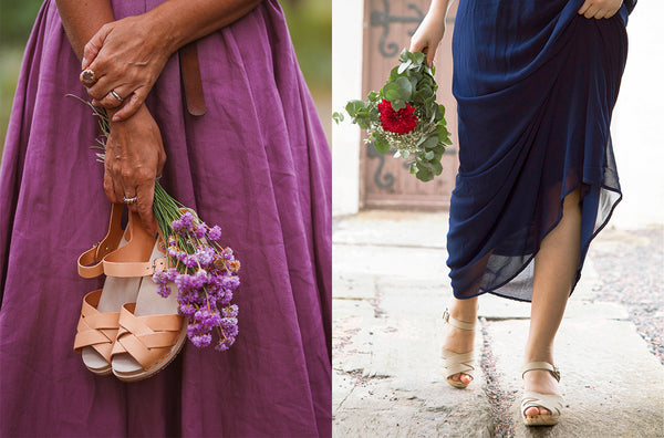 on the left: girl holding nude leather clogs together with flowers. on the right: girl wearing dark blue long dress together with white clog sandals holding a bouquet of flowers.