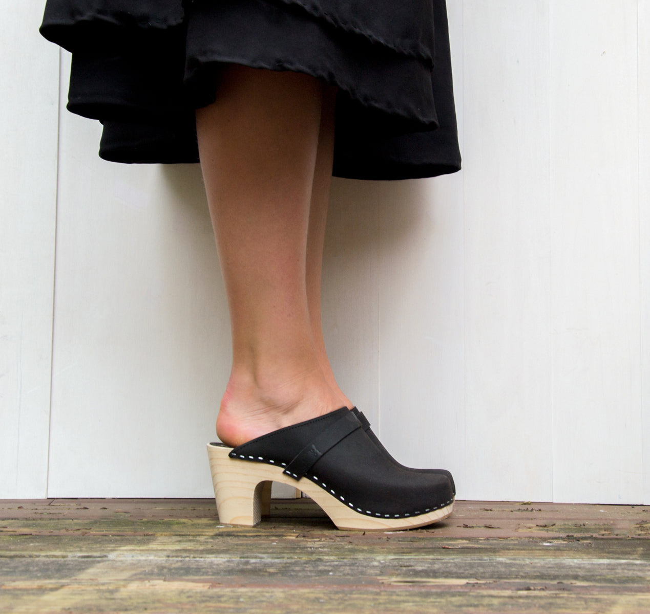 black high heel clogs