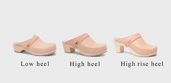 different heel heights for wooden clogs: low heel, high heel and high rise