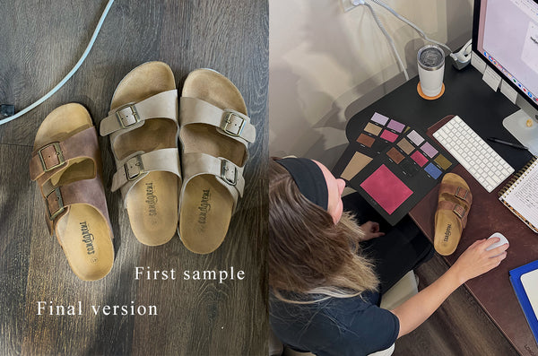 cork sandals and girl sitting in front of computer with sandals on desk
