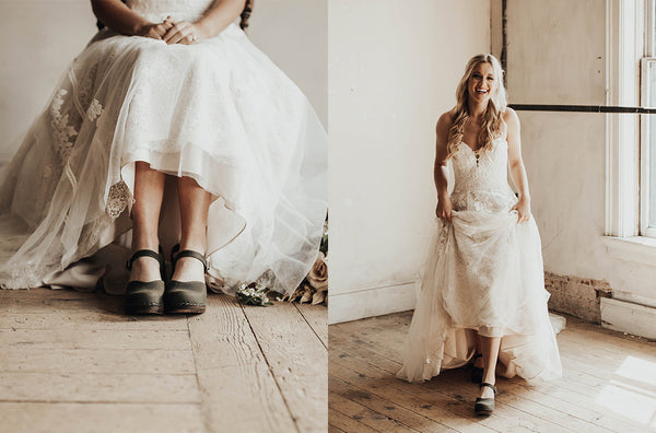 girl wearing white wedding gown together with olive green clog sandals on a high heeled dark wooden base