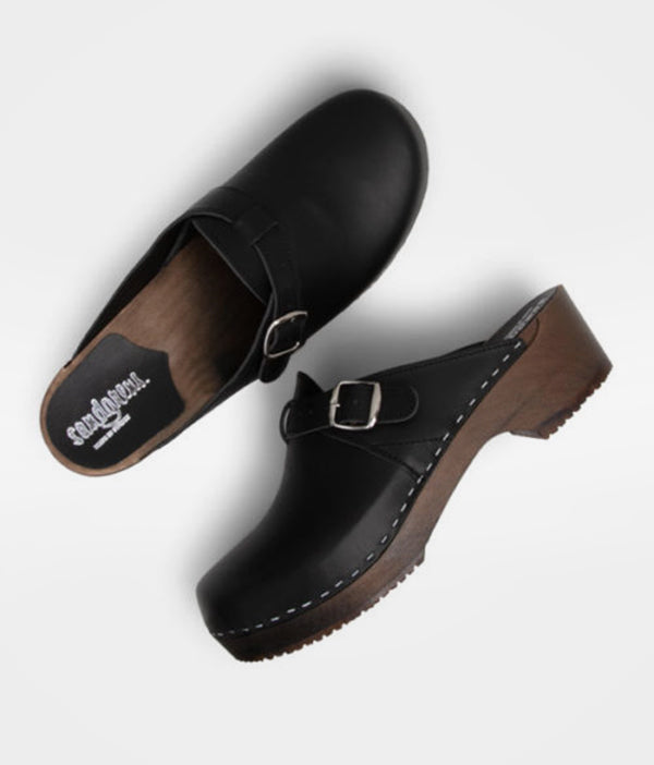 Malmö - Black, Low Heel, Vegetable Tan Leather | Sandgrens Clogs EU 45