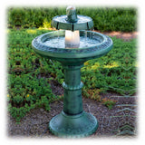 Tall 37-inch polyresin two tiered bird bath style fountain in faux patina finish with halogen light