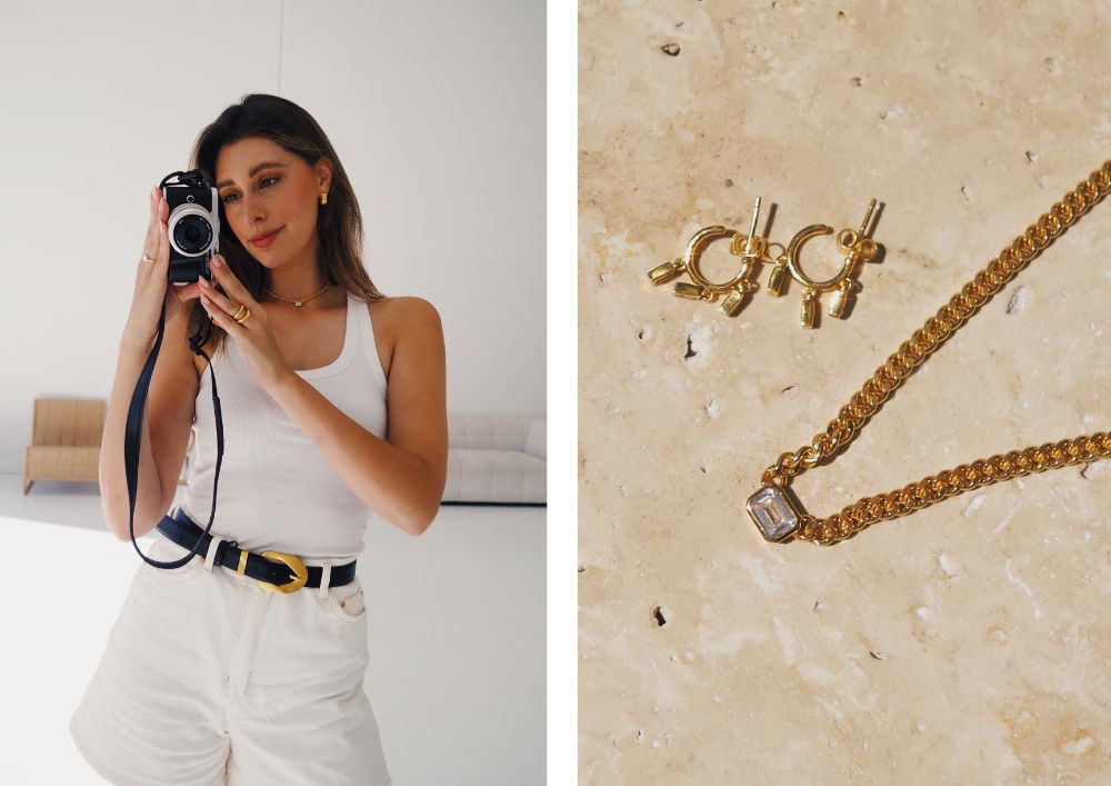emily nash reliquia jewellery and gold necklace gold earrings flatlay