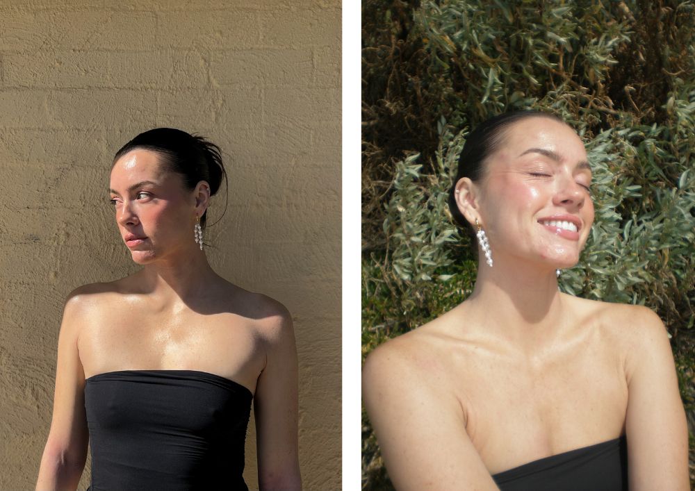 reliquia jewellery madeleine edwards skincare wearing pearl earrings