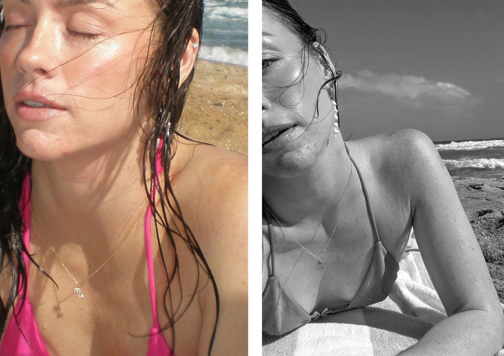reliquia jewellery madeleine edwards skincare wearing star sign celestial scorpio necklace at the beach