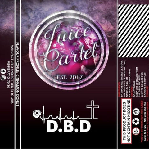 juice cartel d.b.d label with cross on it and a picture of a donut