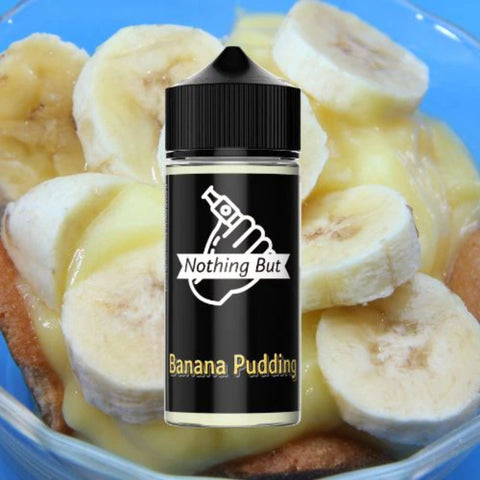 Nothing But | Banana Pudding 120ml bottle with sliced banana on custard background