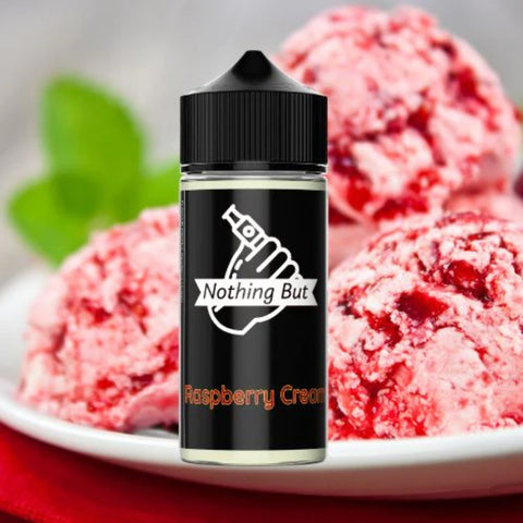 Nothing But | Raspberry Cream 120ml bottle with a raspberry ice cream background