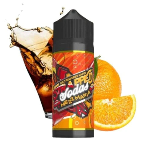 Strapped Sodas | Mezz Mania 100ml bottle with quarter and whole orange and a glass of cola