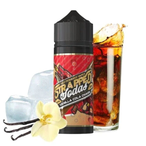 Strapped Sodas | Vanilla Cola Chaos 100ml bottle with vanilla flower and glass of cola drink