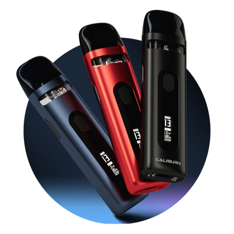 Uwell Caliburn X Pod Kit | 850mAh with blue red and black kits fanned out