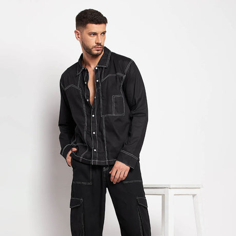 Contrast Stitch Black Baggy Fit Cargo