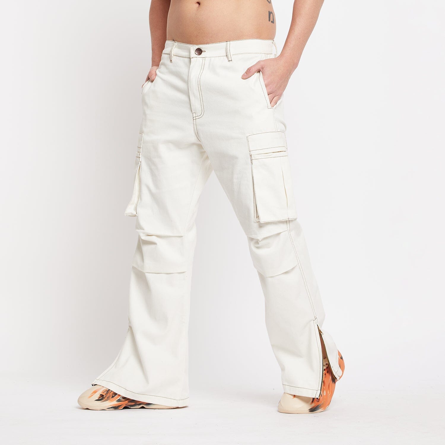 White Twill Flared Cargo Pants | Buy Wide Legged Trousers | Fugazee ...