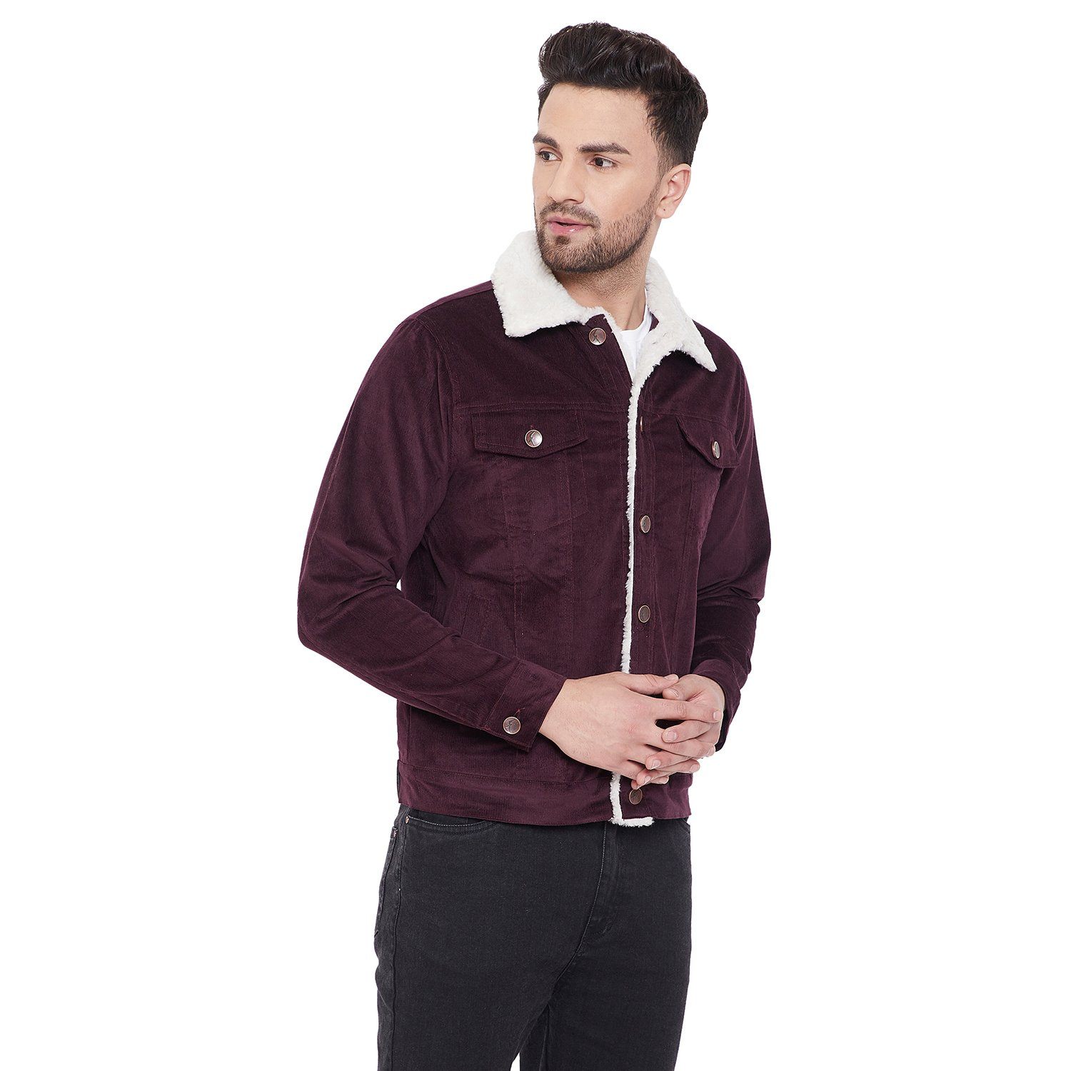 Wine Corduroy Faux Fur Jacket | Buy Mens Corduroy Jacket | Fugazee