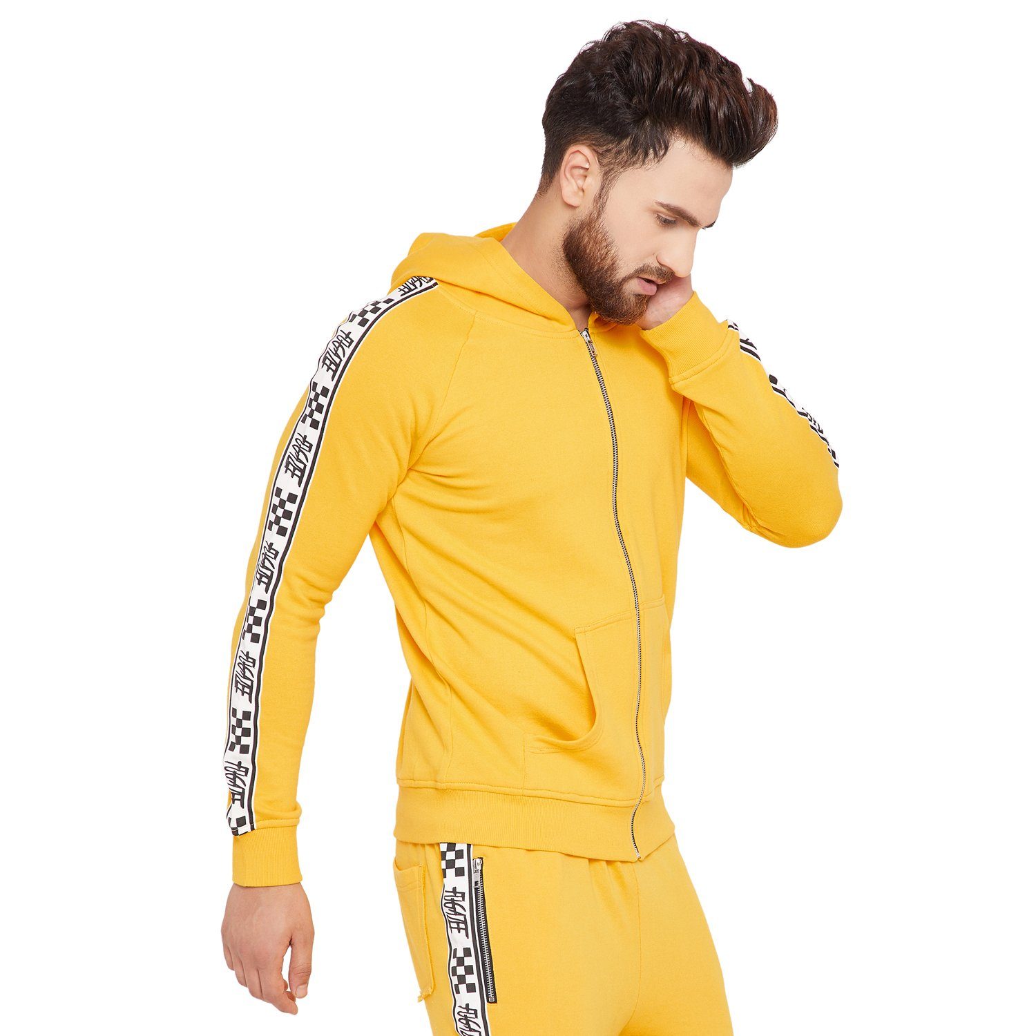 yellow hoodie with checkered sleeves