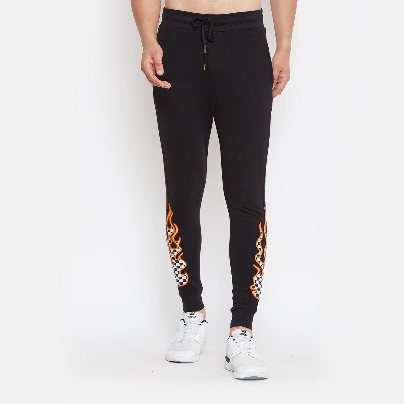 Black Checkered Flames Patch Joggers | Buy Men Trackpants | Fugazee