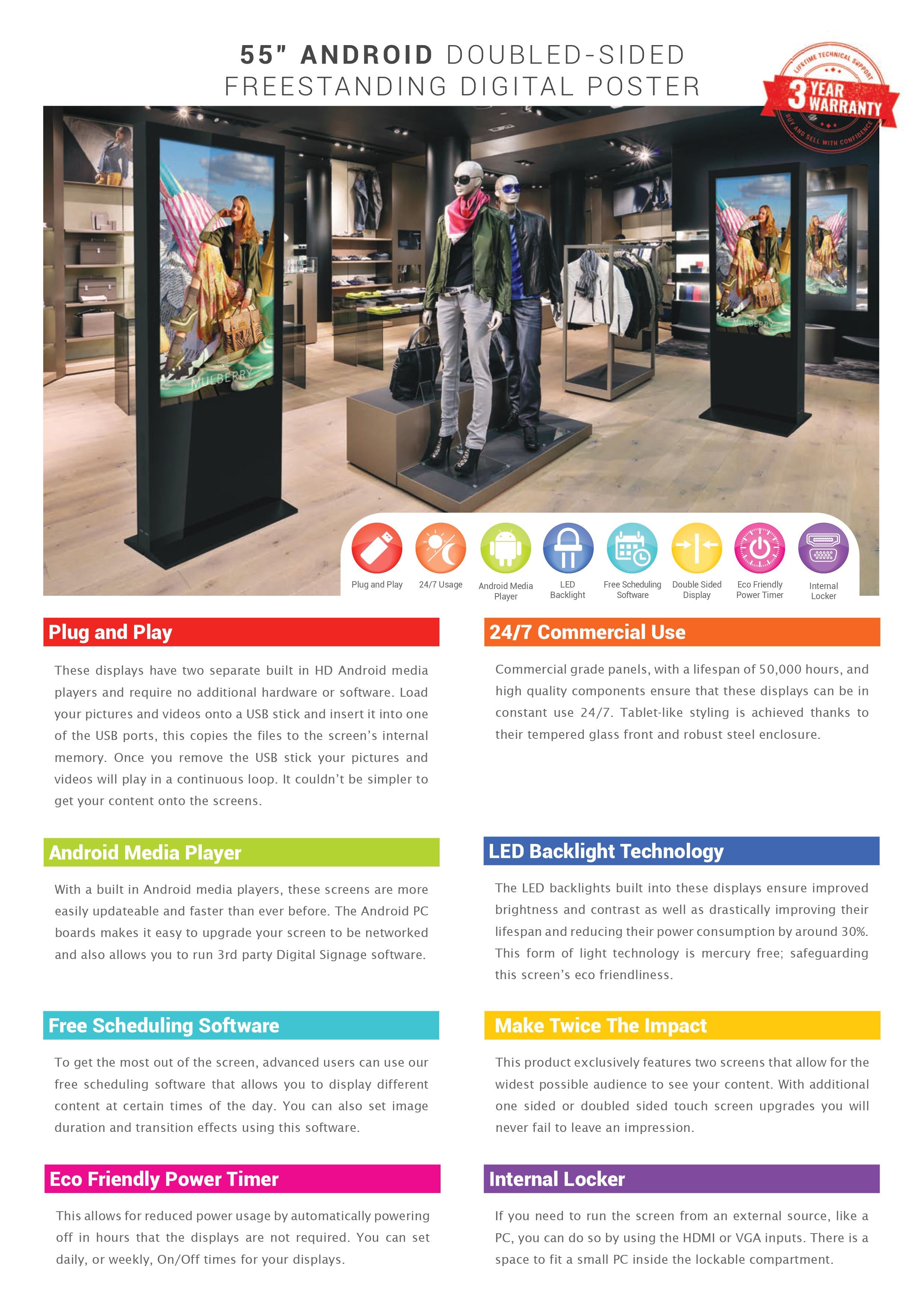 55 android double sided digital poster specification