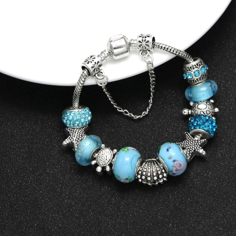 Blue Murano Glass Beads & Star Shell w/Sea Turtle Charm Bracelet - Animal Social Company 7.87in / 20cm