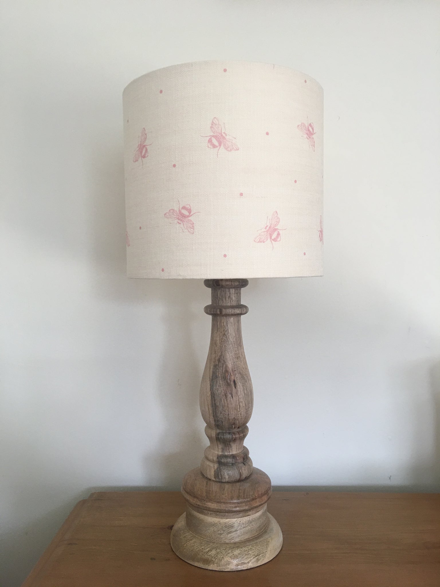 Drum Lampshade in Peony & Sage Busy Bees, Blush Pink on Ivory Linen.