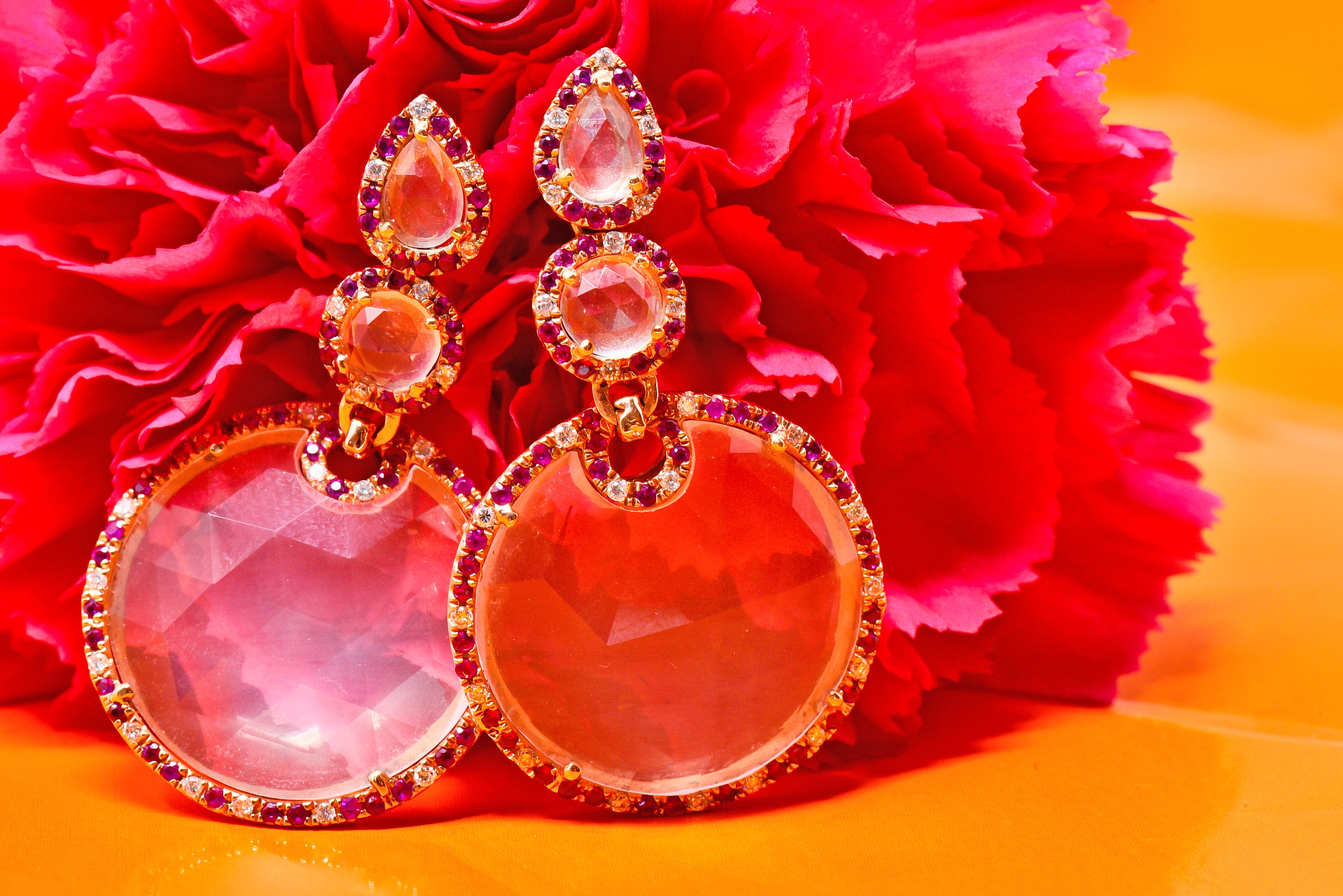 Faceted Rose Quartz Diamond Ruby Rose Gold Drop Earrings