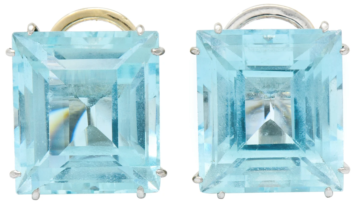 Rectangular Step Cut Aquamarine Basket Set Omega Back Earrings