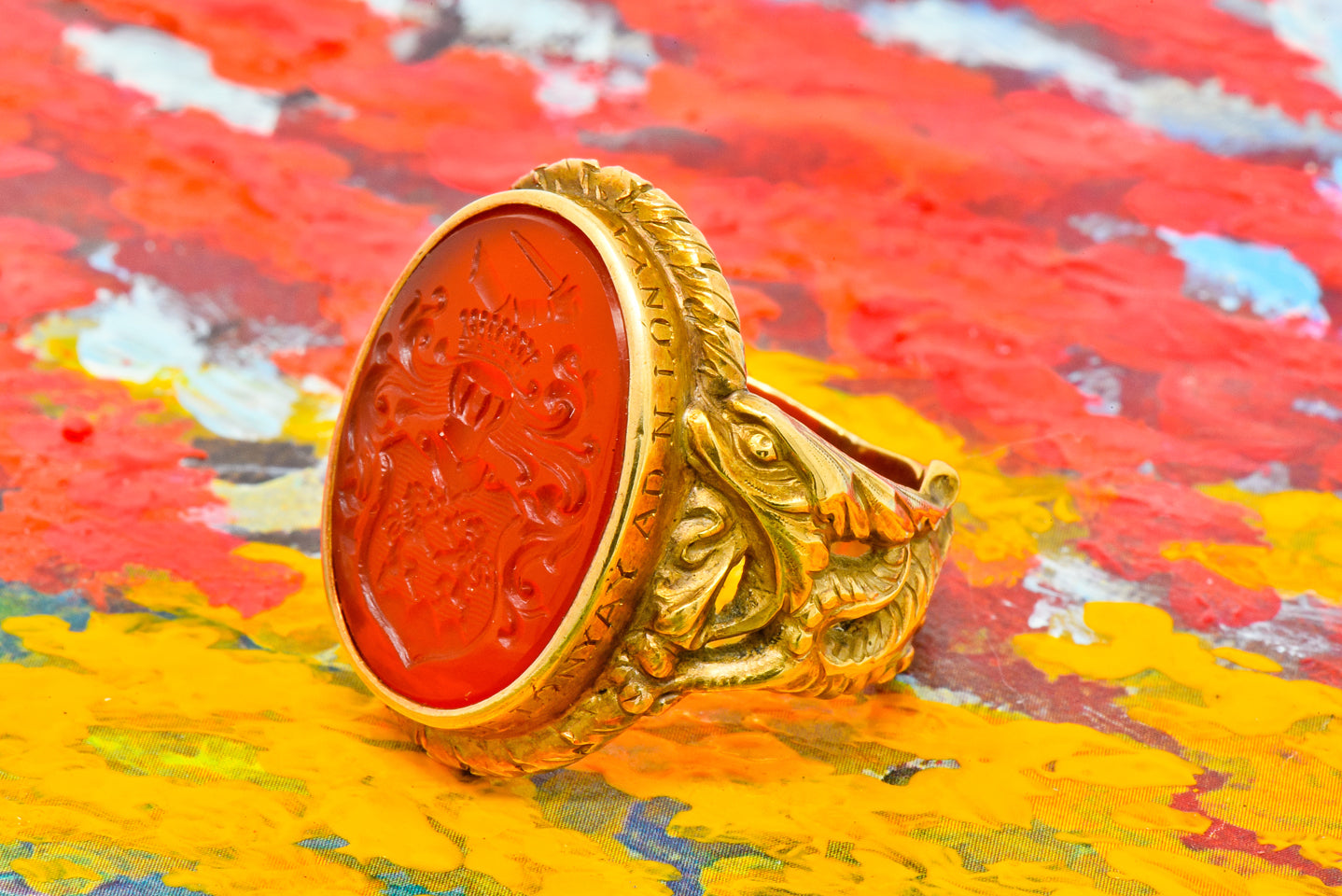 Carnelian Intaglio Signet Ring Dragon Heraldry Motif Art Nouveau Men's Antique Jewelry