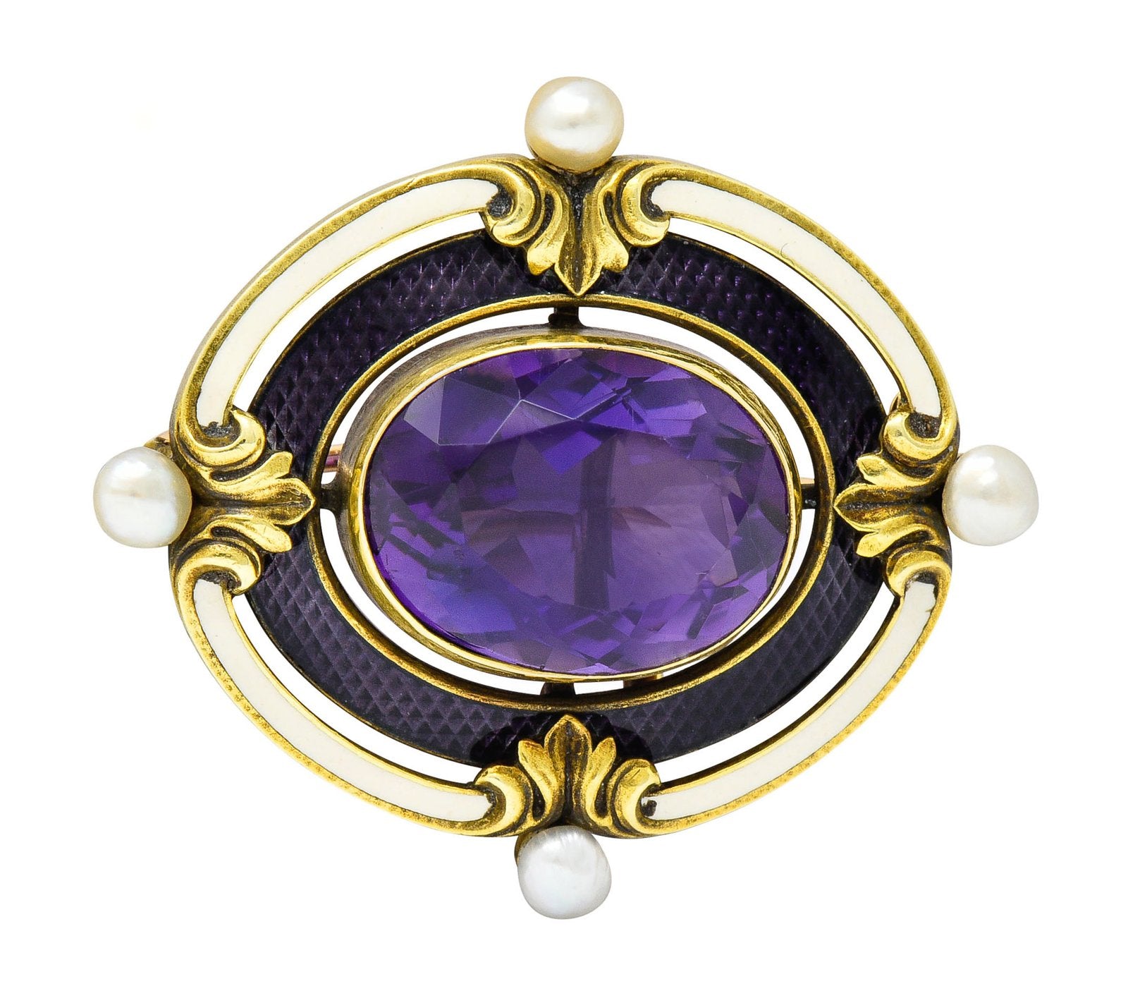 Oval Art Nouveau Whiplash Brooch Faceted Amethyst Center Purple White Enamel Surround