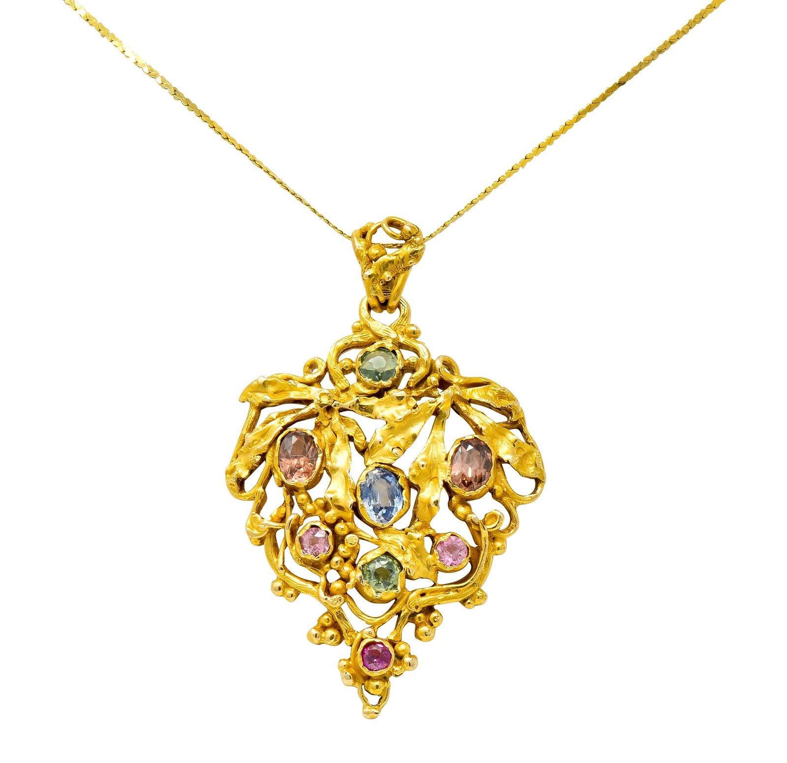 Arts & Crafts Sapphire Tourmaline Zircon Grape Cluster Pendant Necklace