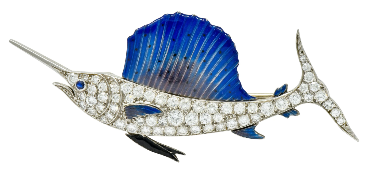 Pave diamond Swordfish Brooch Art Deco Estate Jewelry