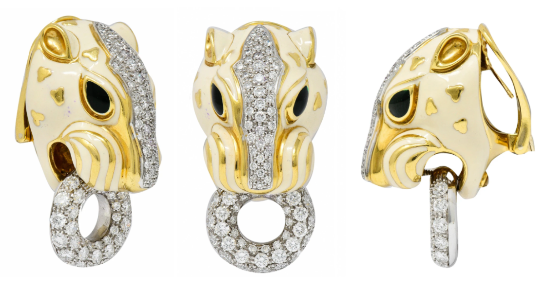 David Webb Enamel Panther Earrings Diamond Halo Kingdom Collection