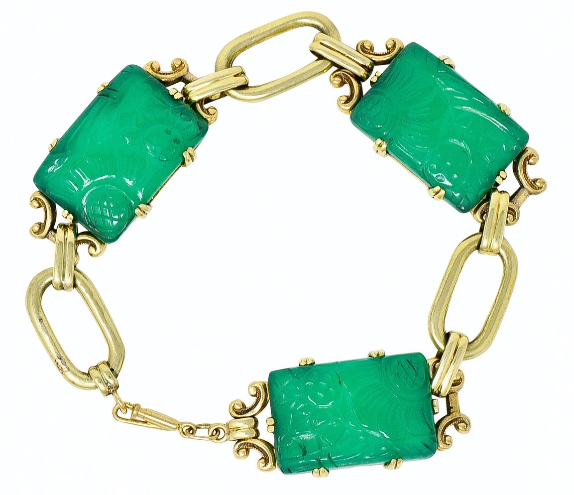 Bracelet Maillons Chrysoprase Sculpté Art Nouveau