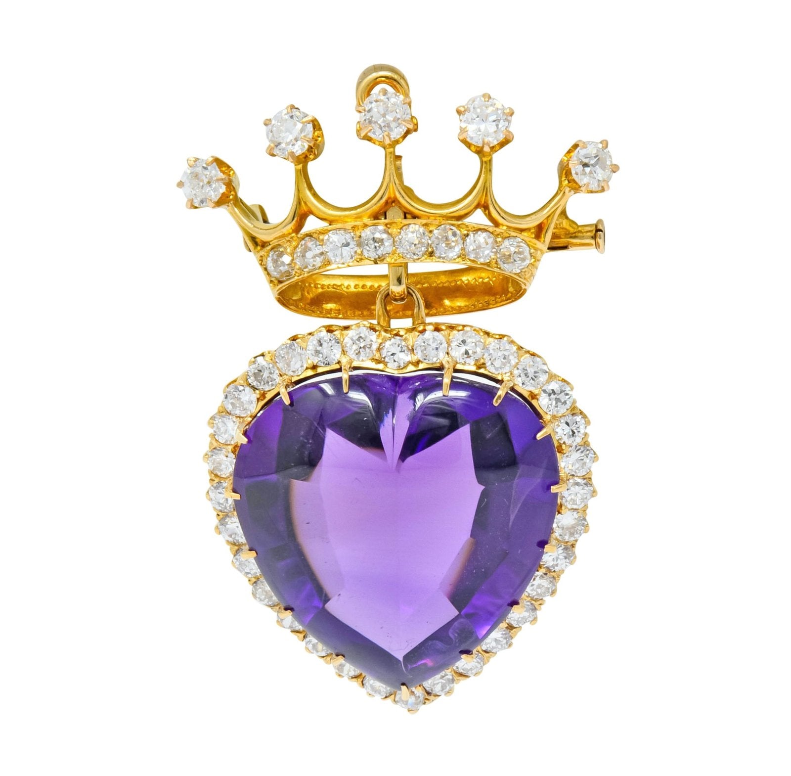 Victorian Crowned Heart Brooch Purple Heart Amethyst Cabochon Diamond Halo